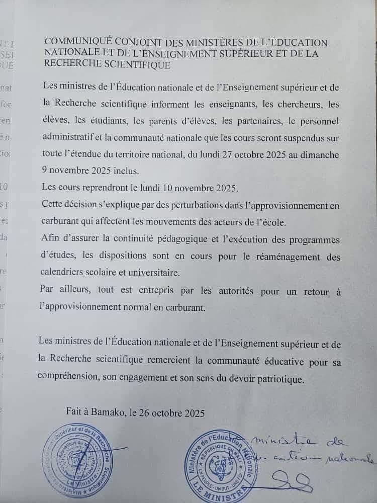 Suspension temporaire des cours au Mali